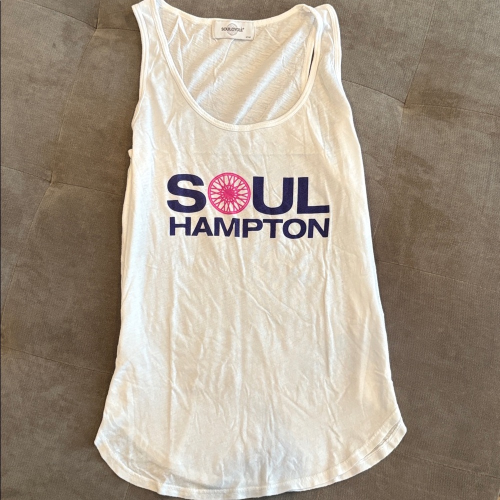 SoulCycle Women’s White Tank Top with “Soul Hamptons” Purple and Pink Logo